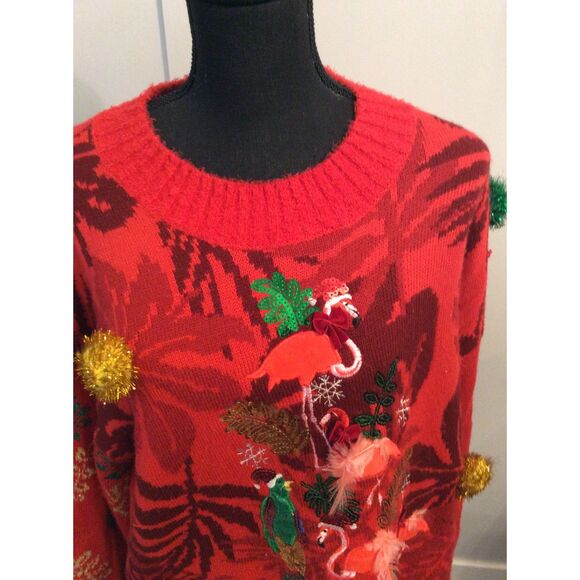 Vintage Ugly Christmas Sweater Flamingos Tassels Birds XL Red 33 Degrees - Picture 3 of 8